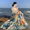 Sukienki swobodne francuska kamizelka czeska Maxi sukienka Kobiety bez rękawów okrągła szyja kwiatowy druk luźny długi impreza plisowana sundress