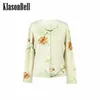 Kvinnors stickor 12,4 Klasonbell Fashion Flower Mönster Print ull stickad o-hals Single Breasted Comant Fit Cardigan Coat Women