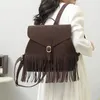 Bolsas de noche Mochila de cuero de gamuza vintage Mujeres Retro Borla PU Mochila con cordón Chicas Marrón Viaje Daypack Mujer Mochila XA811H 231213