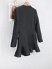 Lässige Kleider Schwarze Frauen Garnituren Splice Minikleid Tweed Saum Rüschen V-Ausschnitt Langarm Weibliche Zweireiher Robe Herbst 2023