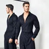 Palco desgaste masculino roupas de dança latina manga comprida camisa preta traje de competição de salão salsa chacha tops dnv16452