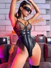 Conjunto sexy PU Malla Empalme Locomotora Borlas Ahueca hacia fuera Cuerpo erótico Sssy Sexo Mujer Bdsm Lencería sexy Entrepierna abierta y Breas 231213