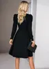 Casual Dresses Pleated Solid Long Sleeve High Waist A Line Skirt Loose Comfort Surplice V Neck Dress For Women Autumn Simple Party Gowns