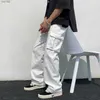 Estilos masculinos preto/branco moda casual solto em linha reta perna larga homem streetwear hip-hop bolso carga calças dos homens trousdxlw