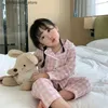 Паджама Девочка -воротник розовый клетчатая пижама, набор милый ребенок винтажный малыш детские детские пижамы, набор для сна, детская одежда R231214