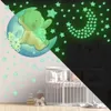 Luminous Cartoon Bear and Bunny on the Moon Stars Wall Stickers Emit Green Light Nursery Wall Decals Decorative Stickers for Kid