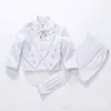 Suits fahion uzun süreli çocuk takım elbise bebek erkek pamuk giyim setleri 5pcs ceket pantolon gömlek kemeri 14y promosyon 231213