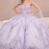 Lavendel glänzender Quinceanera Kleiderkugel von der Schulterkristallapplikation 3D -Blüten mit Cape Corset Vestidos Para XV Anos