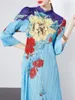 Casual jurken Chinese Peony Print Verbeterde Cheongsam feestjurk vrouwen retro stand-up kraag kikker kikker elegante slanke miyake geplooide avond