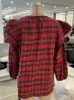 Women's Blouses Shirts Plaid Print Shirt Women Pleated Puff Sleeve Blouse Grateful Blessed Fall V-neck Top YQ231214