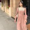 Casual Dresses 2023 Women Elegant Winter Thick Warm Lace Long Sleeve Dress Female Corduroy Pink Party Lady High Waist