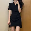 Casual Dresses Woman Wrap Short Street Style Plain Color Dress med fickor Elegant Slå ner krage midi -skjorta