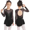 Dancewear Kids Girls Figuur Skating Dansjurk Lange mouw Luine Rhinestone Mesh Ballet Gymnastics Tuchard Dessen Competitie Dancewear 231213