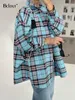 Women's Blouses Shirts Bclout Fashion Pink Plaid Shirts Blouses Women Elegant Blue Long Sleeve Oversize Shirts Casual Party Loose Blouses Street 2024 YQ231214