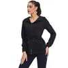 Camicie attive Yoga Giacca con cappuccio autunno e inverno Sport Fitness Cravatta in vita slim fit da donna ad asciugatura rapida Cappotto nero