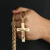 Herren-Halskette aus 14 Karat Gelbgold, byzantinische Gliederkette, gravierte Treppe, Kruzifix, Jesus-Kreuz-Anhänger, Halskette, katholischer Schmuck