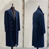 Manteau en laine épaisse pour hommes, bleu marine, à revers, manches longues, vêtements de marié, fête d'anniversaire, veste de défilé de mode