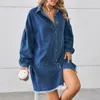Women's T Shirts Solid Color Casual T-Shirt Medium Length One Row Button Shirt Fashionable Loose Denim Long Sleeved Edge Pocket
