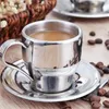 160 ml Edelstahl-Kaffee-Tee-Set, doppelschichtige Kaffeetasse, Espressotasse, Milchbecher mit Teller und Löffel