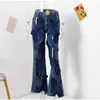 Calças femininas mulheres streetwear oco para fora denim de pernas largas chique harajuku vintage jeans primavera outono calças azul flor botão