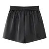 Dames shorts elastische taille riem zwart pu lederen vintage brede pijpen korte broek vrouwelijke a-lijn losse casual mini-broek