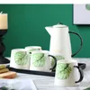 Teaware Sets Green Plants Ceramics Water Cup Tea Suit Five Piece Set Wooden Holder Plastic Square Tray Marbling Kettle