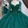 Изумрудно-зеленые платья Quinceanera с открытыми плечами и аппликацией из кружева и бисера Платье подружки невесты на шнуровке Платье для выпускного вечера Бальное платье Vestidos de 15