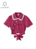 Chemisiers pour femmes Chemises Vintage chemise à carreaux Kawaii col claudine Style Preppy chemisiers pour femmes doux à manches courtes nœud hauts 2022 vêtements de mode d'été YQ231214