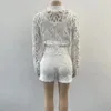 Women's Tracksuits KEXU Lace Embroidery Hole Two 2 Piece Set For Women Beach Outfits Long Sleeve Tops And Shorts Matching Sexy Tracksuit