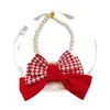 Dog Apparel Pearl Pet Necklace Red Plaid Christmas Cat Collar Accessories Bow Tie Neck Scarf Ring Neckchain Puppy