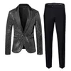 Men's Suits ( Blazer Pant ) Fashion Men Sequin Suit 2 Piece Gold / Silver 2023 Luxurious Stage Party Plaid Loose Dress Set