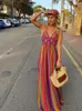 Casual klänningar vintage randig tryckt rygglös maxi klänning kvinnor v hals ärmlös golvlängd bohe 2023 sommarstrandsemester