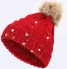 Star Pearl Rhinestone Red Hat For Women Autumn Winter Pompom Warm Knitted Cap Solid Color Twist Ladies Beanie Caps New Year Gift QH495