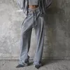Pantaloni da donna in cotone cavo da donna lungo grigio scuro sciolto doppio strato cintura traspirante Kpop pantaloni vintage casual retrò streetwear
