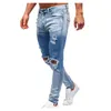 Calças de brim masculinas casuais calças jeans zíper aberto placket água moída buraco reto tecido pés fino ajuste moda calças oversize