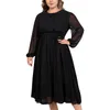 Robes décontractées Femmes Plus Taille Robe Automne Col rond Manches évasées Volants Hemline Overlay Office Lady Faux Deux pièces Midi