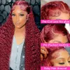 99J Burgandy Deep Wave 13x4 Spets Front Human Hair Wigs Brasilianska Remy 180% Rödfärgad Curly Spets Frontal Glueless Synthetic peruk för kvinnor