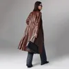 Trench-Coat en cuir de vache importé pour femmes, longueur moyenne, technologie de cire d'huile, revers amincissant, veste véritable rétro