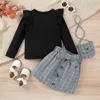 Kleidung Sets 3 7Y Kinder Mädchen Herbst Kleidung Set Rüschen Trim Langarm Tops Plaid Kurze Röcke Umhängetasche 3 stücke Baby Mode Outfits 231213