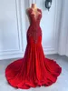 Nouvelle robe de bal longue 2024 Luxury Sparkly perle diamant sexy sirène transparent Black Girl Red Velvet Soirée formelle d'anniversaire Gala Gala Robe de Soiree