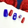 Falsche Nägel, Unabhängigkeitstag, USA, französische Kunst, kurz, blau, rot, zum Aufdrücken, quadratisch, mit vollständiger Abdeckung, Sarg, fertige Fingernägel