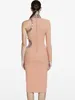 Casual Dresses 2023 Design Bandage Dress For Women Single Long Sleeve O Neck Cut Out Diamonds Knee Length Elastic Evening Party Gowns