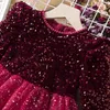 Vestidos de meninas lantejoulas outono menina princesa vestido de festa 28 anos de manga comprida inverno natal crianças roupas casuais aniversário vestido de casamento 231214