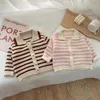 Clothing Sets Korean Spring and Autumn Baby Girls 2PCS Clothing Set Cotton Knitted Stripe Polo Coat Wide Leg Pants Set Preschool Girls Set 231214