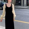 الفساتين غير الرسمية فستان طويل الأكمام النساء الأنيقة أنثى الإناث رقعة الرجعية الرجعية جميلة الشارع الشارع الخريف v-neck mid-calf بسيطة