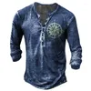 T-shirts pour hommes Vintage Col V Henley Chemise Navigation 3D Gothique À Manches Longues Pour Hommes 5XL Surdimensionné Tops Tee Homme Punk Streetwear