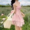 Casual Dresses Spaghetti Strap Dress Summer High midja tunn a-line söt kort för kvinnor 2023 Vintage Pink Party Clothing