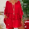Sıradan Elbiseler Zarif Kadınlar Vintage Sarı 3/4 Kollu Pamuk Keten Elbise İlkbahar/Yaz Moda V Yastın Gevşek Düğme Boşa Çıkış S-5XL