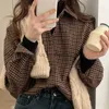 Women's Blouses Shirts 2022 Autumn Winter Plaid Shirts Women's Loose Simple Square Collar No Velvet Single-breasted Retro Hong Kong Flavor Bottom Shirt YQ231214