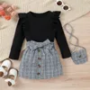 Kleidung Sets 3 7Y Kinder Mädchen Herbst Kleidung Set Rüschen Trim Langarm Tops Plaid Kurze Röcke Umhängetasche 3 stücke Baby Mode Outfits 231213